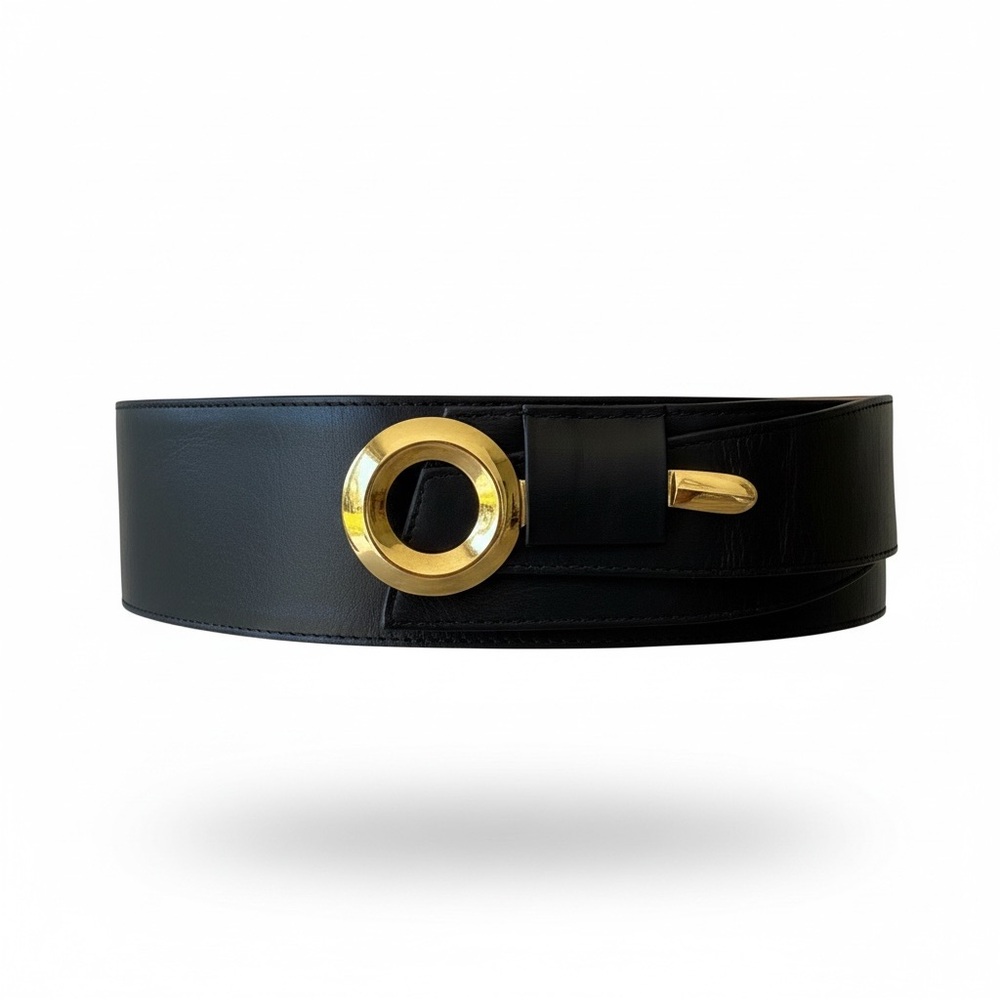 Vtg 80s Black Leather Belt Gold Round Buckle Sz M Classic
